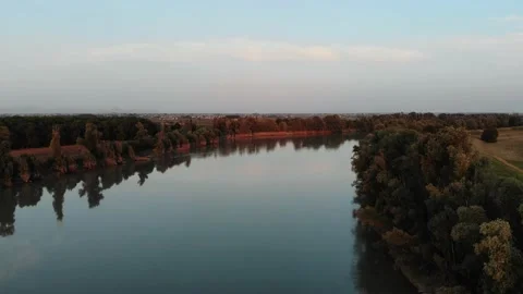 Aerial view during sunset of a large river. Stock Footage 139379752