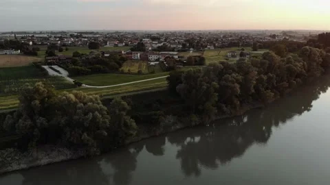 Aerial view during sunset of small town. Stock Footage 139379549