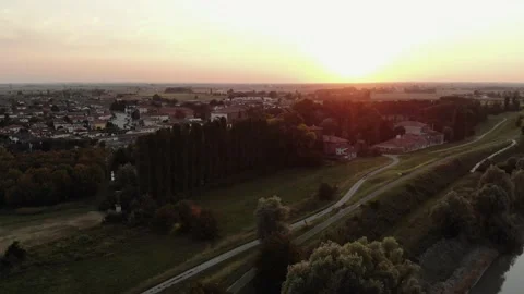 Aerial view during sunset of small town. Stock Footage 139379823