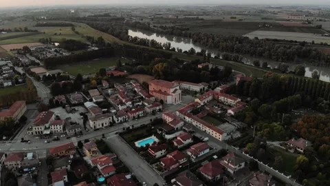 Aerial view during sunset of small town. Stock Footage 139379950