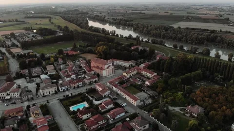 Aerial view during sunset of small town. Stock Footage 139380025