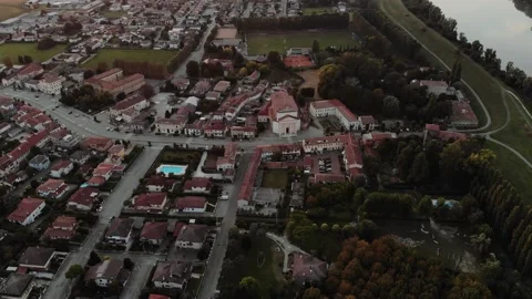 Aerial view during sunset of small town. Stock Footage 139380055