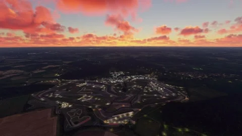 Aerial view at dusk of Silverstone Circuit in Towcester. United Kingdom Stock Footage 272282104