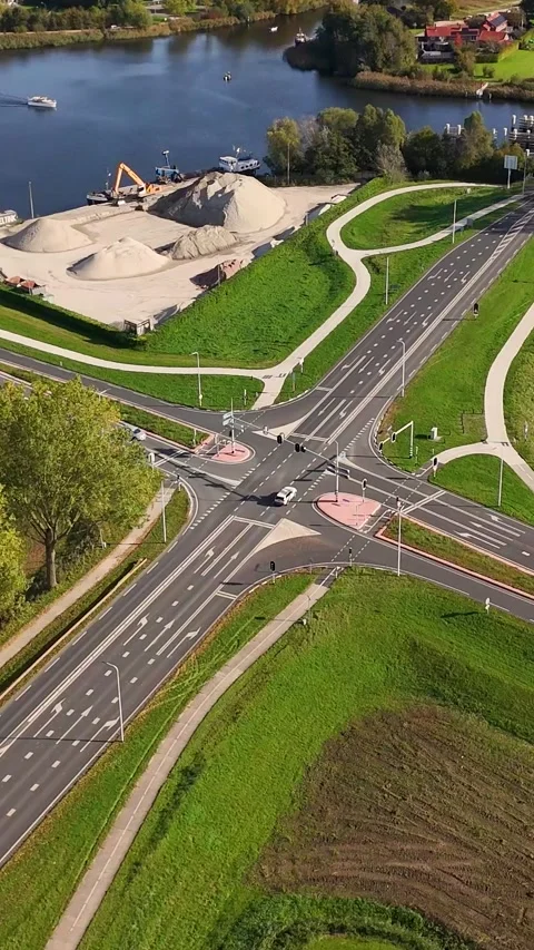 Aerial view of dutch intersection traffic flow Stock Footage 327108493