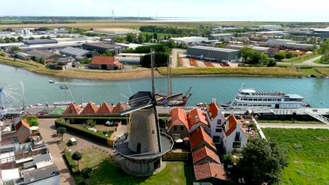 Aerial view of a Dutch mill. Видео 275340428