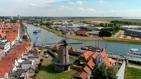 Aerial view of a Dutch mill. Видео 275344764
