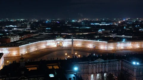 Aerial View On The Dvortsovaya Square, Center Of Saint-Petersburg At Night Video stock 121578700