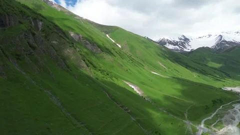 Aerial View, Dynamic Sunlight Near Mount Shkhara, Georgia Stock Footage 339350464