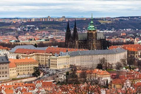 Aerial view of e of Prague Castle and Metropolitan Cathedral of Saints Vitus, Stock Photos
