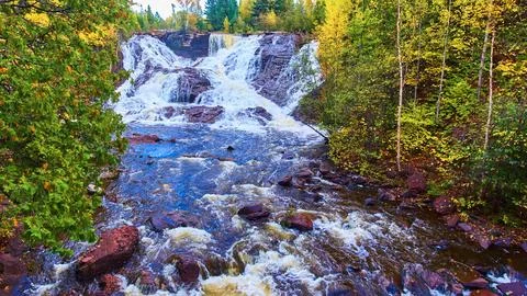 Aerial View of Eagle River Falls in Autumn, Michigan 写真素材