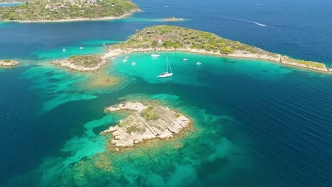Aerial view of Eagle Rock near Diaporos Island in Halkidiki, Greece. The Stock Footage 346681387