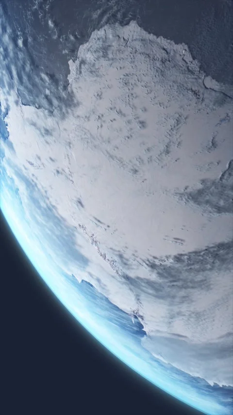 Aerial view of earth globe looking down on icy antarctic landscape from space Stock Footage 337386454