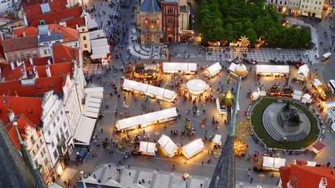 Aerial view easter market in Prague at twilight Video stock 120563053