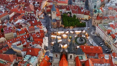 Aerial view easter market in Prague at twilight Video stock 120563124