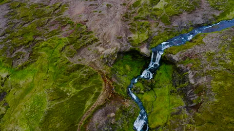 Aerial view of the easy access and beautiful Selvallafoss waterfall. Stock Footage 251823894