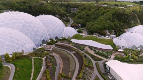 Aerial view of the Eden Project biomes in Cornwall, UK Video stock 336378918