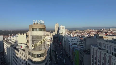 Aerial view of Edificio Capitol and Gran Vía, Spain. Stock Footage 314828367