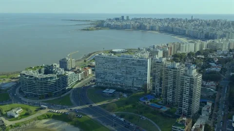 Aerial view of Edificio Panamericano and Montevideo coastline, Uruguay. Stock Footage 345590522