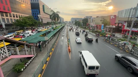 Aerial View of EDSA Carousel Bus Lane,corporate building, Pasay 4K 60fps Video stock 338350129