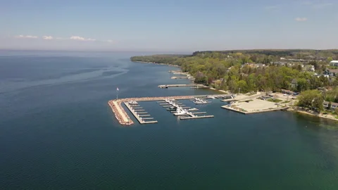 Aerial view of Egg Harbor town in Door County, Wisconsin, United States Stock Footage 154665455