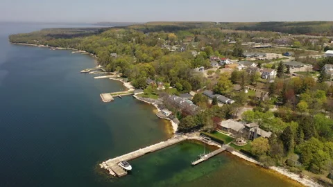Aerial view of Egg Harbor town in Door County, Wisconsin, United States Stock Footage 154665528