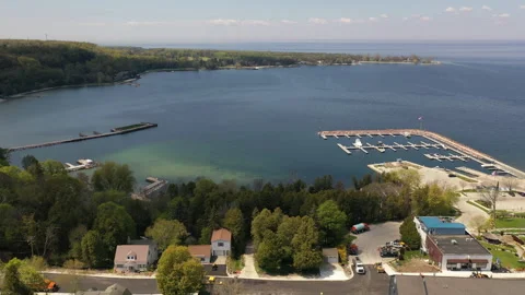Aerial view of Egg Harbor town in Door County, Wisconsin, United States Stock Footage 154666367