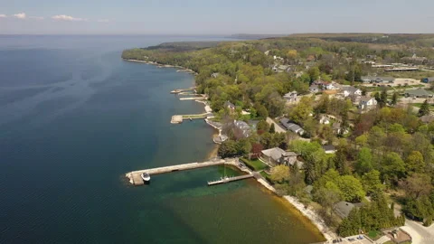 Aerial view of Egg Harbor town in Door County, Wisconsin, United States Stock Footage 154666485