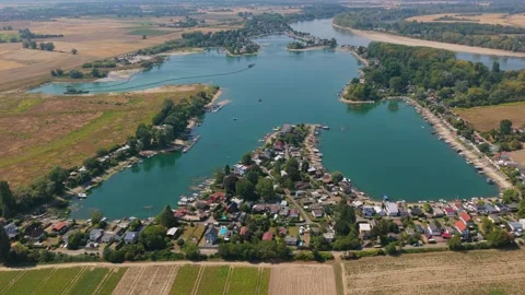 Aerial view of Eicher See with low water levels, Germany. Stock Footage 341583106