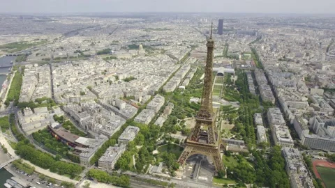 Aerial view of the Eiffel Tower and Champ de Mars in Paris, France.Overview.. Stock Footage 249690066