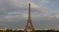 Aerial View Eiffel Tower Famous Paris Cityscape Skyline Overlook cloudy sky day HD Footage