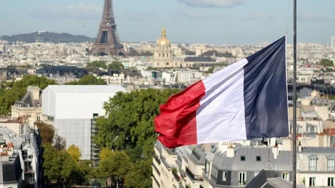 Aerial view of the Eiffel tower over the French flag in Paris, France Stock Footage 316886064