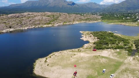 Aerial View of El Cajon Dam and Mountains in Capilla del Monte, Argentina Stock Footage 330889689