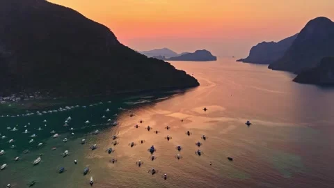 Aerial view of El Nido Beach at sunset in the Philippines. Stock Footage 344986623