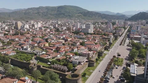 Aerial View of Elbasan's Historic Old Town and Surrounding Cityscape in Stock Footage 346417540