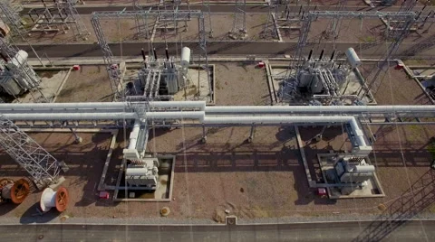 Aerial view of electrical power substation in the city Stock Footage