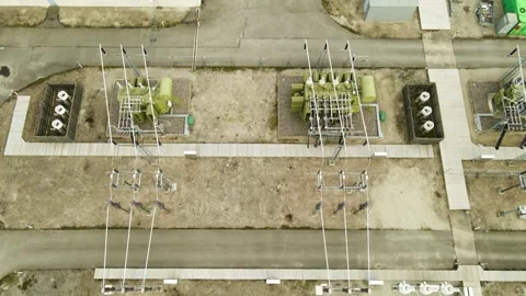 Aerial view of electrical power substation with transformers Stock Footage 337869139