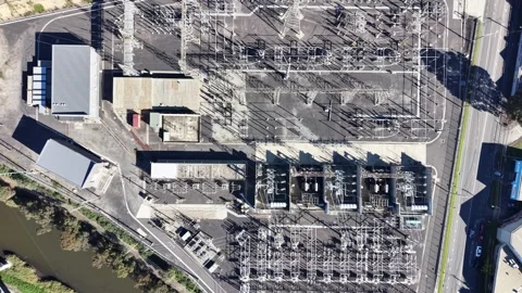 Aerial view of electrical power substation distribution Stock Footage 340513708