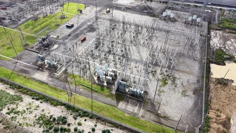 Aerial view of electrical power substation grid Stock Footage 342327632
