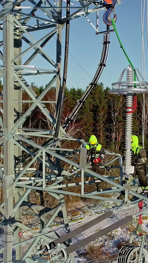 Aerial view of electrical pylon maintenance, Latvia. Stock Footage 340635671