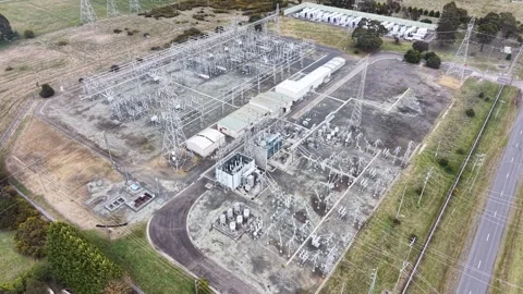 Aerial view of electrical substation and high voltage power lines Video stock 341919709
