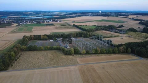 Aerial View of Electrical Substation critical energy infrastructure in German Stock Footage 341326385