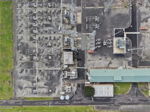 Aerial view of electrical substation generating power Fotos Stock