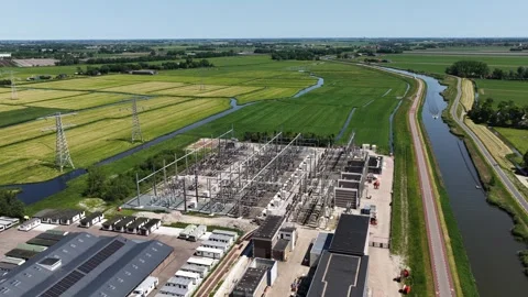 Aerial view of electrical substation power plant grid infrastructure Stock Footage 340871995