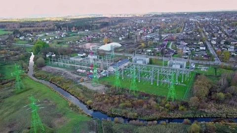Aerial view of electrical substation in rural Latvia. Stock Footage 340653986
