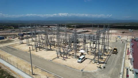 Aerial view of an electrical substation with transmission towers Stockbeeldmateriaal 278367238