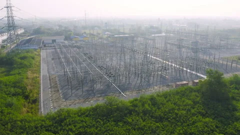 Aerial view of electricity generating, voltage poles. Power lines on utility  Stock Footage 168123349