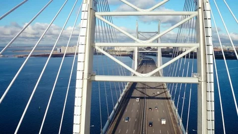 Aerial view elements metal structure cable stayed car bridge in modern city Stock Footage 85009680