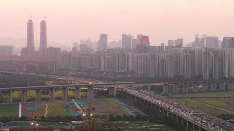 Aerial view of elevated expressway and modern buildings in hangzhou qianjiang Stock Footage 195572278