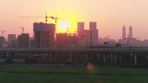 Aerial view of elevated expressway and modern buildings in hangzhou qianjiang Stock Footage 195572684