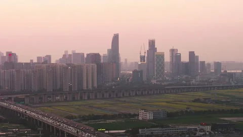 Aerial view of elevated expressway and modern buildings in hangzhou qianjiang Stock Footage 195588535